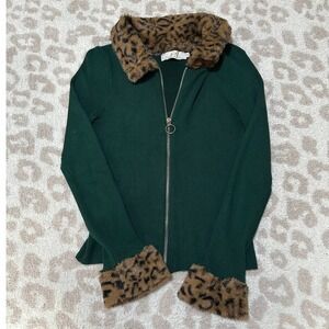 Lizette Collection Zip-Up‎ Sweater Forest Green Leopard Faux Fur Collar Cuffs M